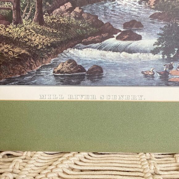 VTG Green Matted CURRIER & IVES Print Calendar Topper Mill River Scenery 1958 - Picture 2 of 7